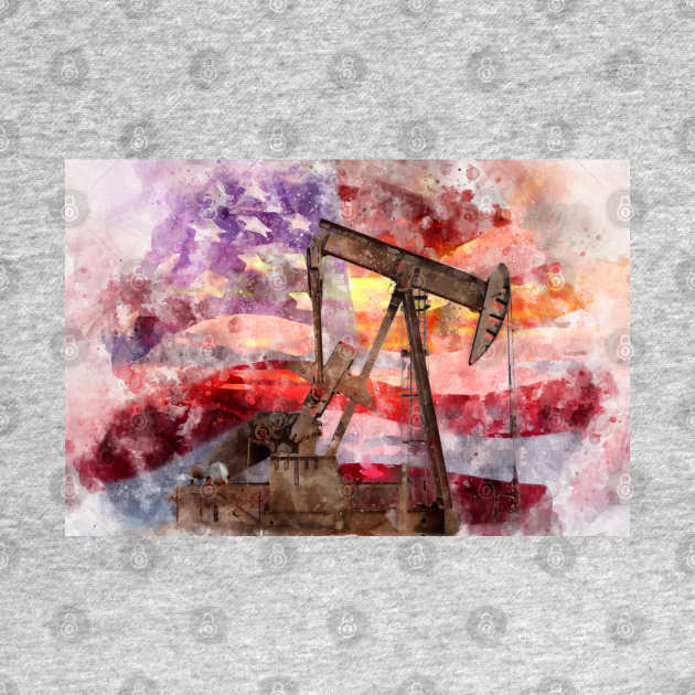 Pumpjack with American Flag silhouette watercolor by SPJE Illustration Photography